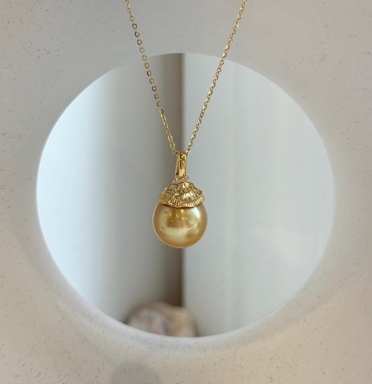 Elly’s 12.8mm Genius South sea deep tea gold ocean pearl Pendant: Extreme luster, 2.3cm high, s925 silver pendant.