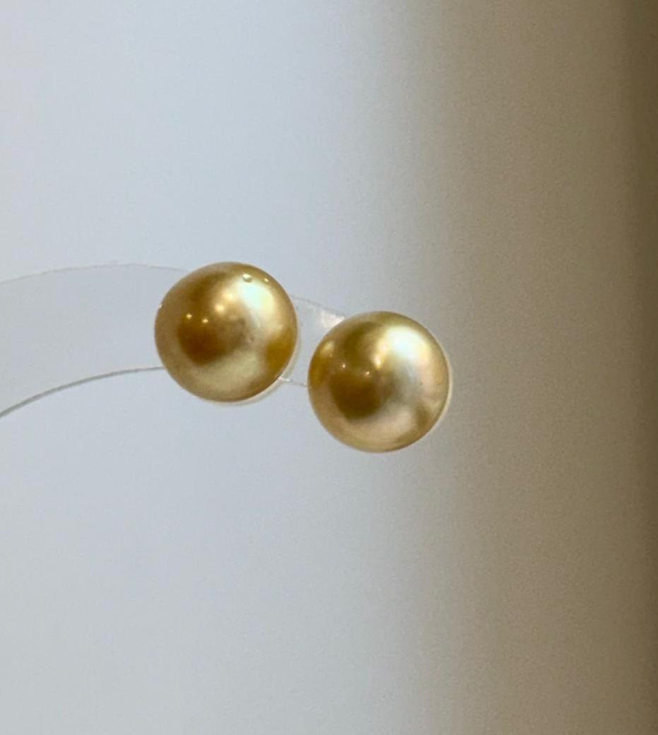 Elly’s 9.6mm Genius natural South sea deep gold ocean Pearls Earrings studs: Extreme luster, S925 silver minimalist earrings studs.