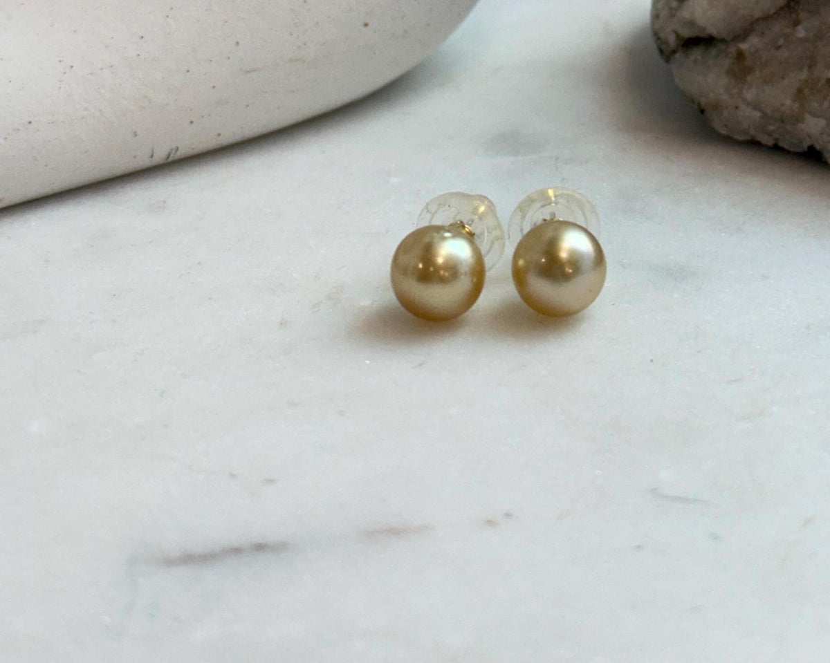Elly’s 9.6mm Genius natural South sea deep gold ocean Pearls Earrings studs: Extreme luster, S925 silver minimalist earrings studs.