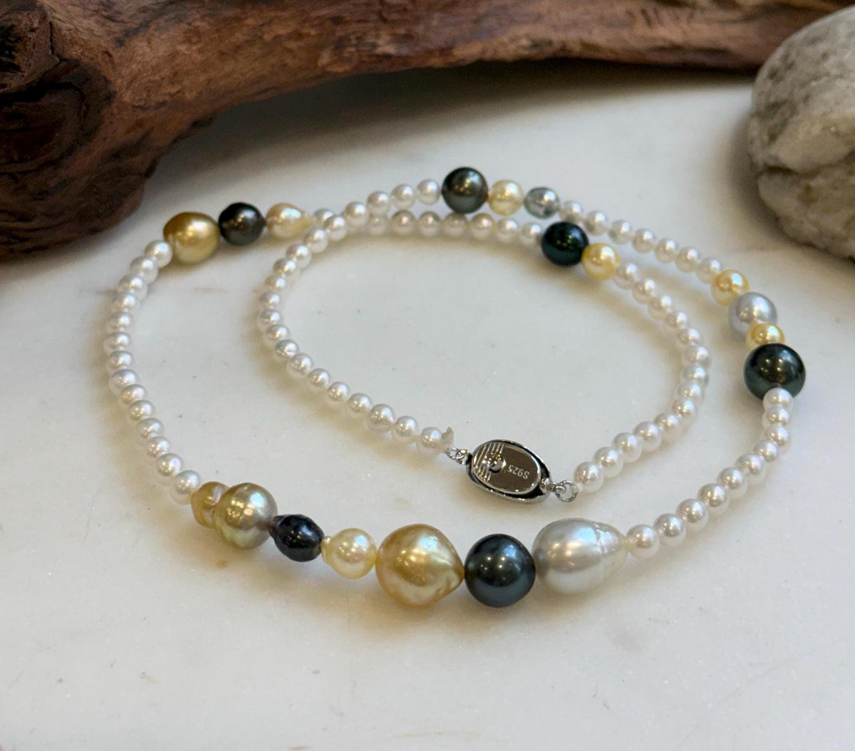 Elly’s Multicolor ocean white Freshwater pearls necklace:Extreme luster mirrored, 20.5”, S925 silver necklace strand. daily office pearls necklace strand for her