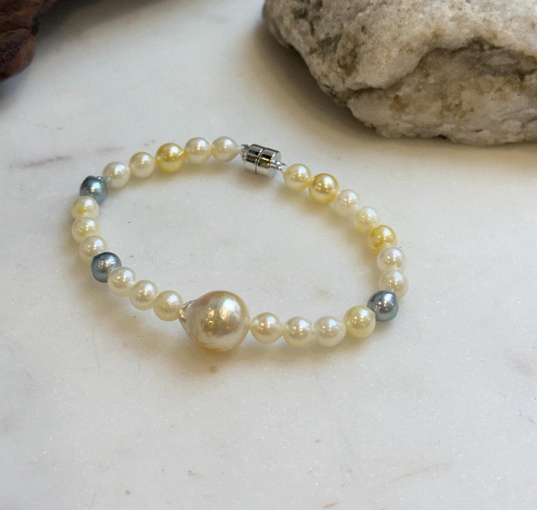 Elly’s Multicolor Ocean Pearls Bracelet: Extreme luster, South sea golden Akoya ocean Pearls, 5.6-11.1mm, S925 silver bracelet.
