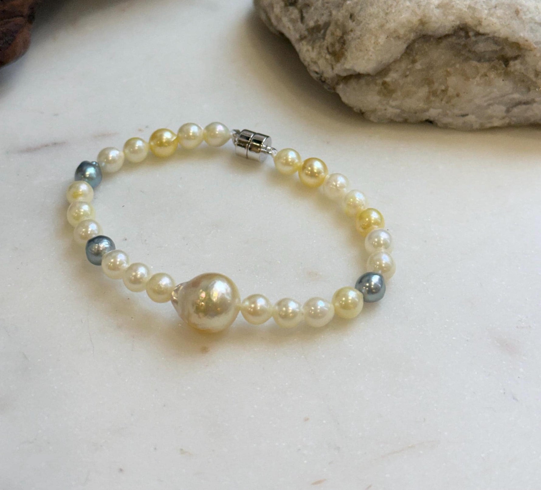 Elly’s Multicolor Ocean Pearls Bracelet: Extreme luster, South sea golden Akoya ocean Pearls, 5.6-11.1mm, S925 silver bracelet.
