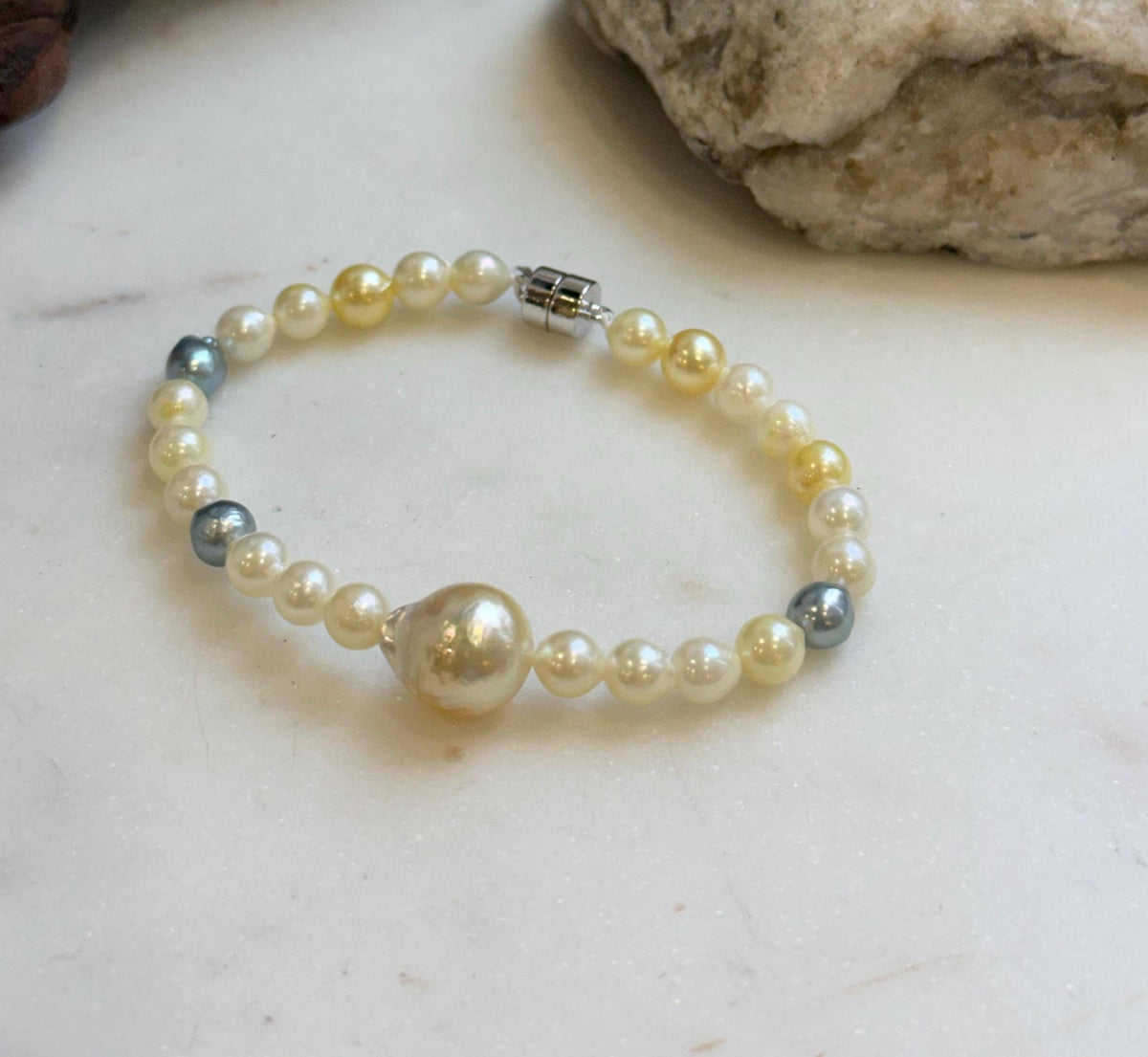 Elly’s Multicolor Ocean Pearls Bracelet: Extreme luster, South sea golden Akoya ocean Pearls, 5.6-11.1mm, S925 silver bracelet.