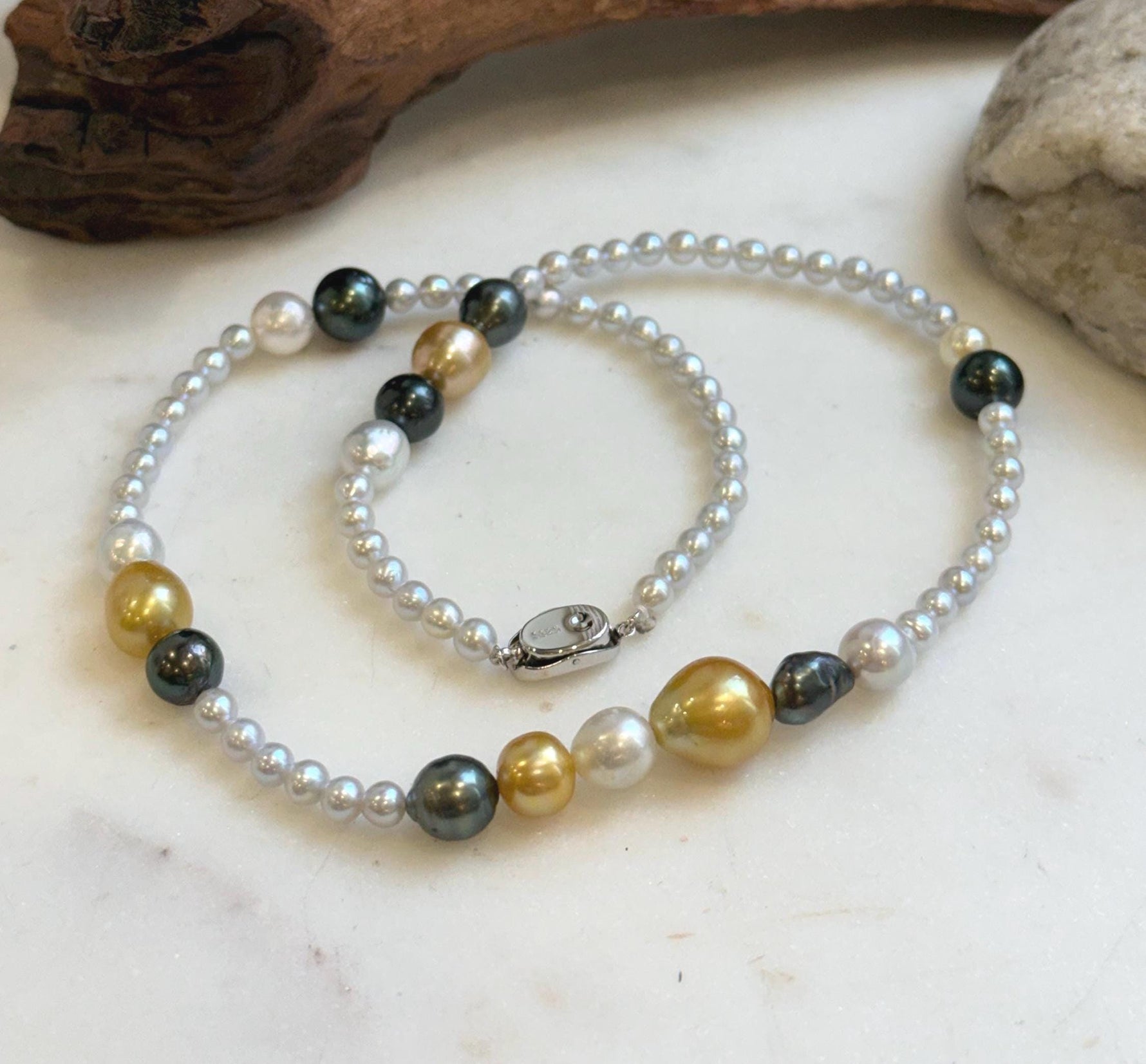 Elly’s Multicolor ocean white Freshwater pearls necklace:Extreme luster mirrored, 19.3”, S925 silver necklace strand.