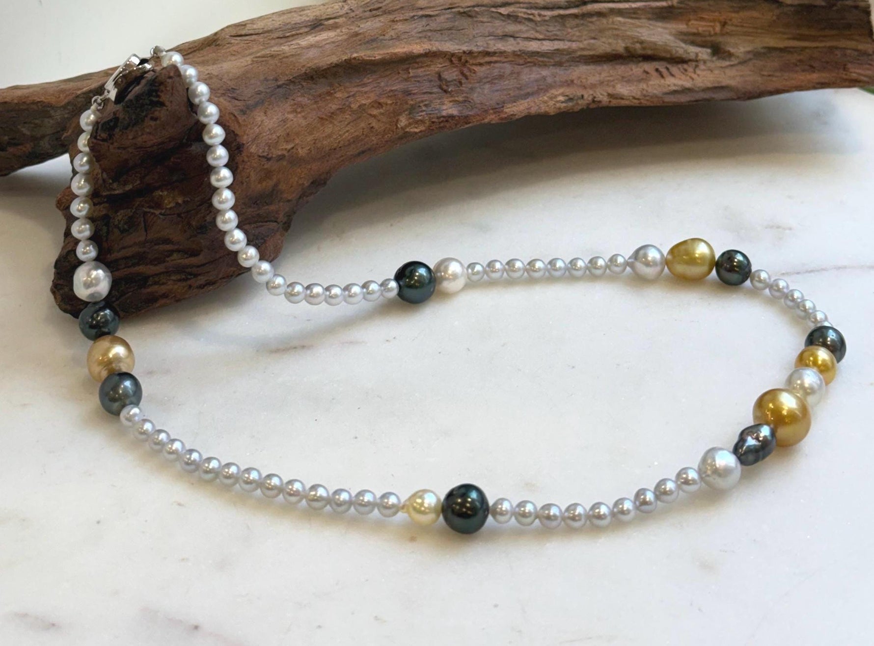 Elly’s Multicolor ocean white Freshwater pearls necklace:Extreme luster mirrored, 19.3”, S925 silver necklace strand.