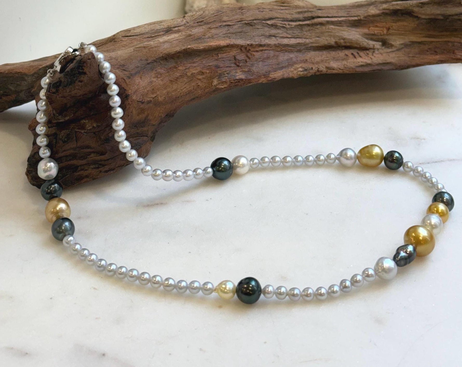 Elly’s Multicolor ocean white Freshwater pearls necklace:Extreme luster mirrored, 19.3”, S925 silver necklace strand.