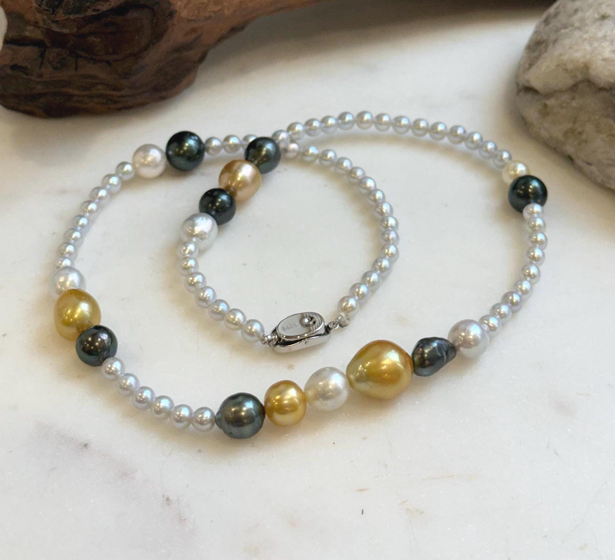 Elly’s Multicolor ocean white Freshwater pearls necklace:Extreme luster mirrored, 19.3”, S925 silver necklace strand.