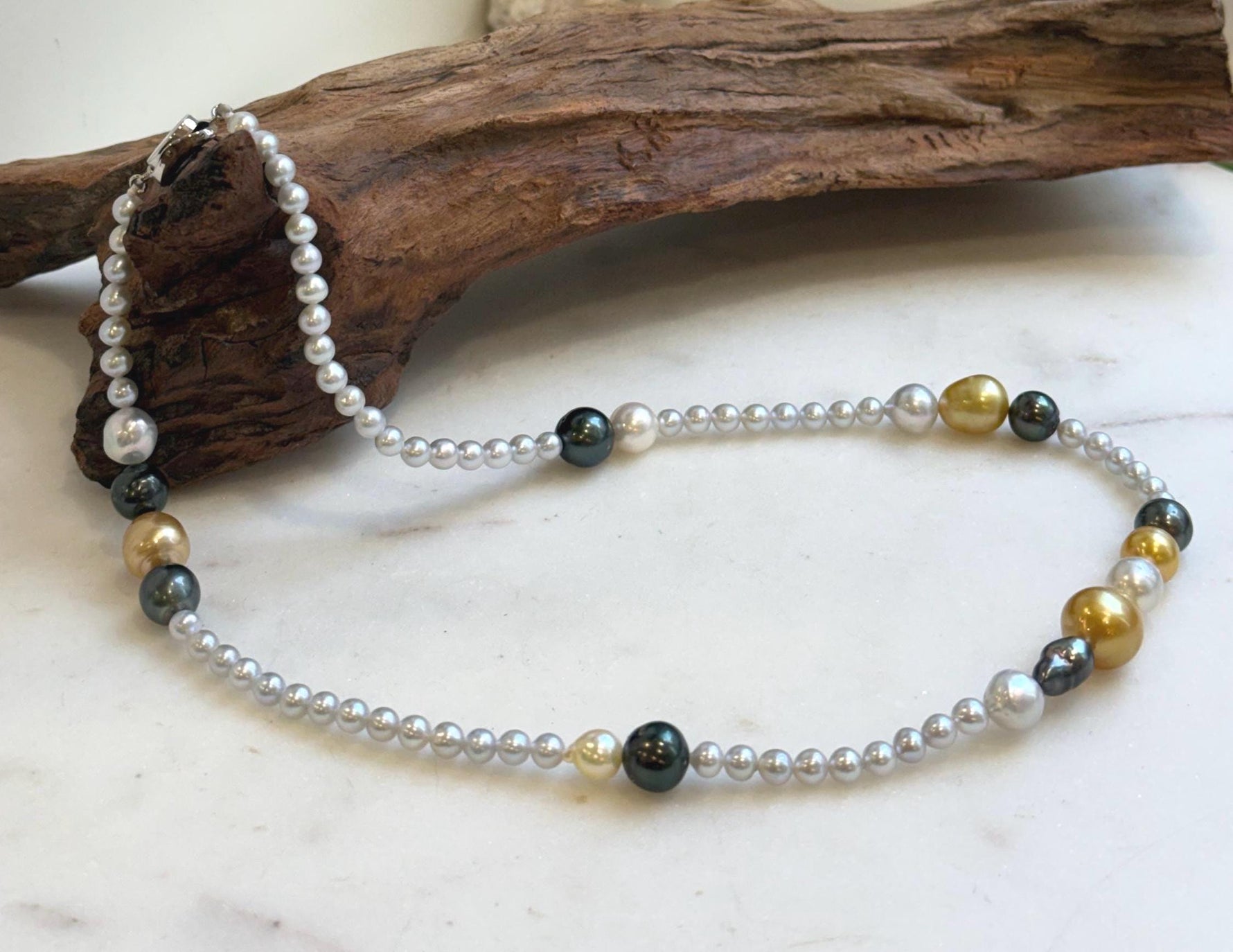 Elly’s Multicolor ocean white Freshwater pearls necklace:Extreme luster mirrored, 19.3”, S925 silver necklace strand.
