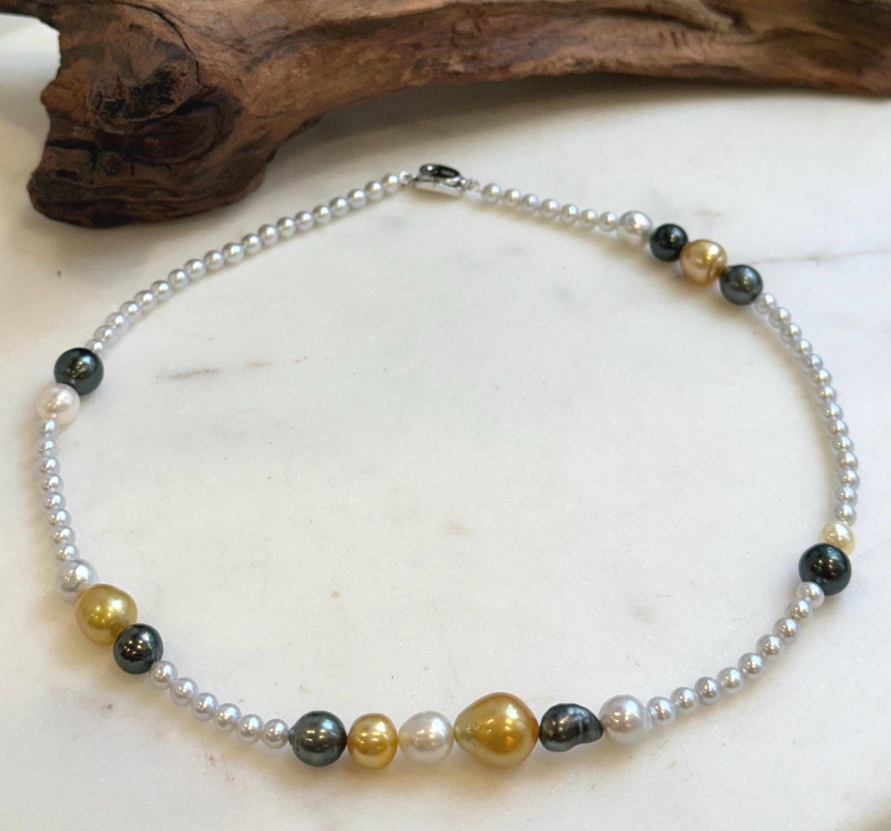 Elly’s Multicolor ocean white Freshwater pearls necklace:Extreme luster mirrored, 19.3”, S925 silver necklace strand.