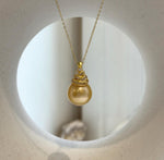 Elly’s 13.5mm South Sea deep Golden ocean Pearl pendant: Extreme luster, 2.4cm high, S925 silver 18k gold plated pendant.