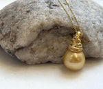 Elly’s 13.5mm huge South Sea deep Golden ocean Pearl pendant: Extreme luster, 2.4cm high, S925 silver 18k gold plated pendant.