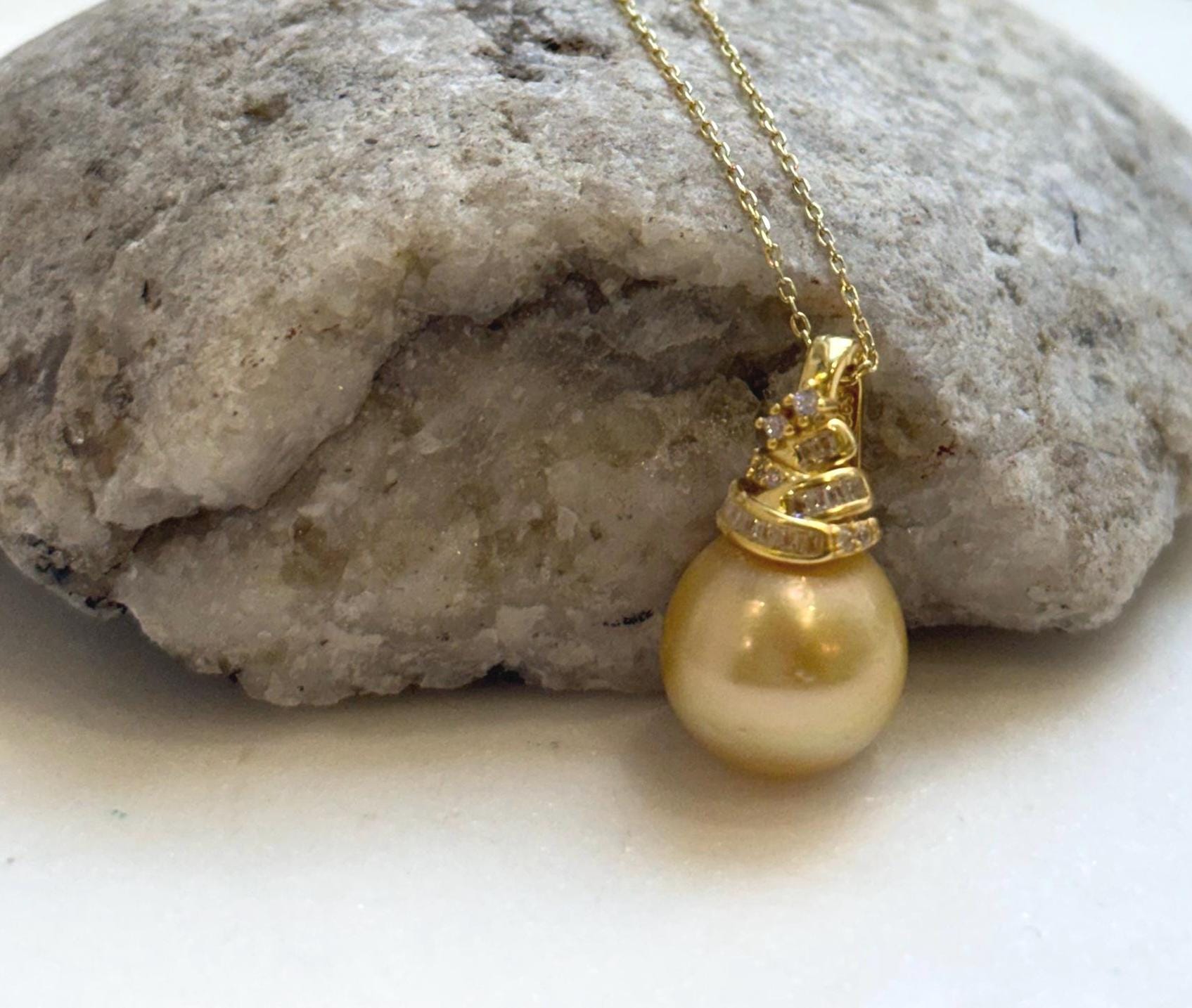 Elly’s 13.5mm South Sea deep Golden ocean Pearl pendant: Extreme luster, 2.4cm high, S925 silver 18k gold plated pendant.