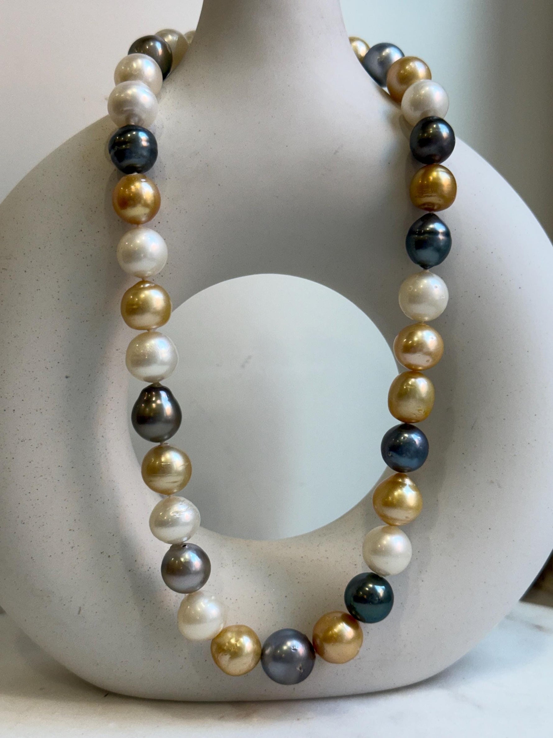 11.6-14.1m 33pcs South sea Golden Australian Tahitian Ocean pearls necklace: Extreme luster, Hand knotted 18.3”, S925 silver necklace strand, high quality multicolor ocean pearls Necklace strand for her birthday