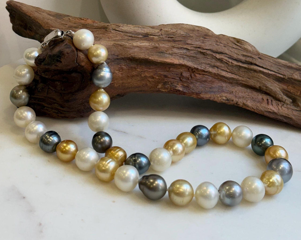 11.6-14.1m 33pcs South sea Golden Australian Tahitian Ocean pearls necklace: Extreme luster, Hand knotted 18.3”, S925 silver necklace strand, high quality multicolor ocean pearls Necklace strand for her