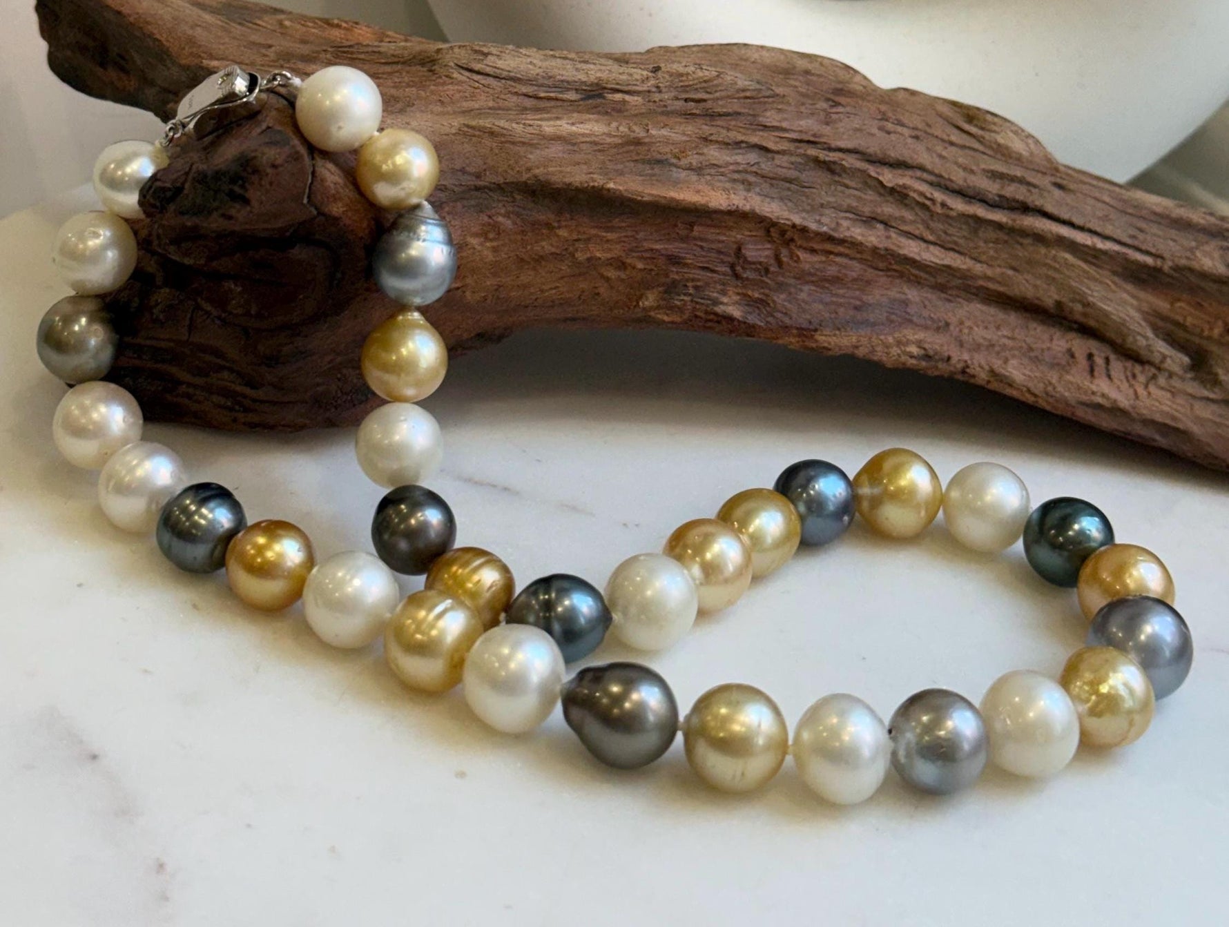11.6-14.1m 33pcs South sea Golden Australian Tahitian Ocean pearls necklace: Extreme luster, Hand knotted 18.3”, S925 silver necklace strand, high quality multicolor ocean pearls Necklace strand for her