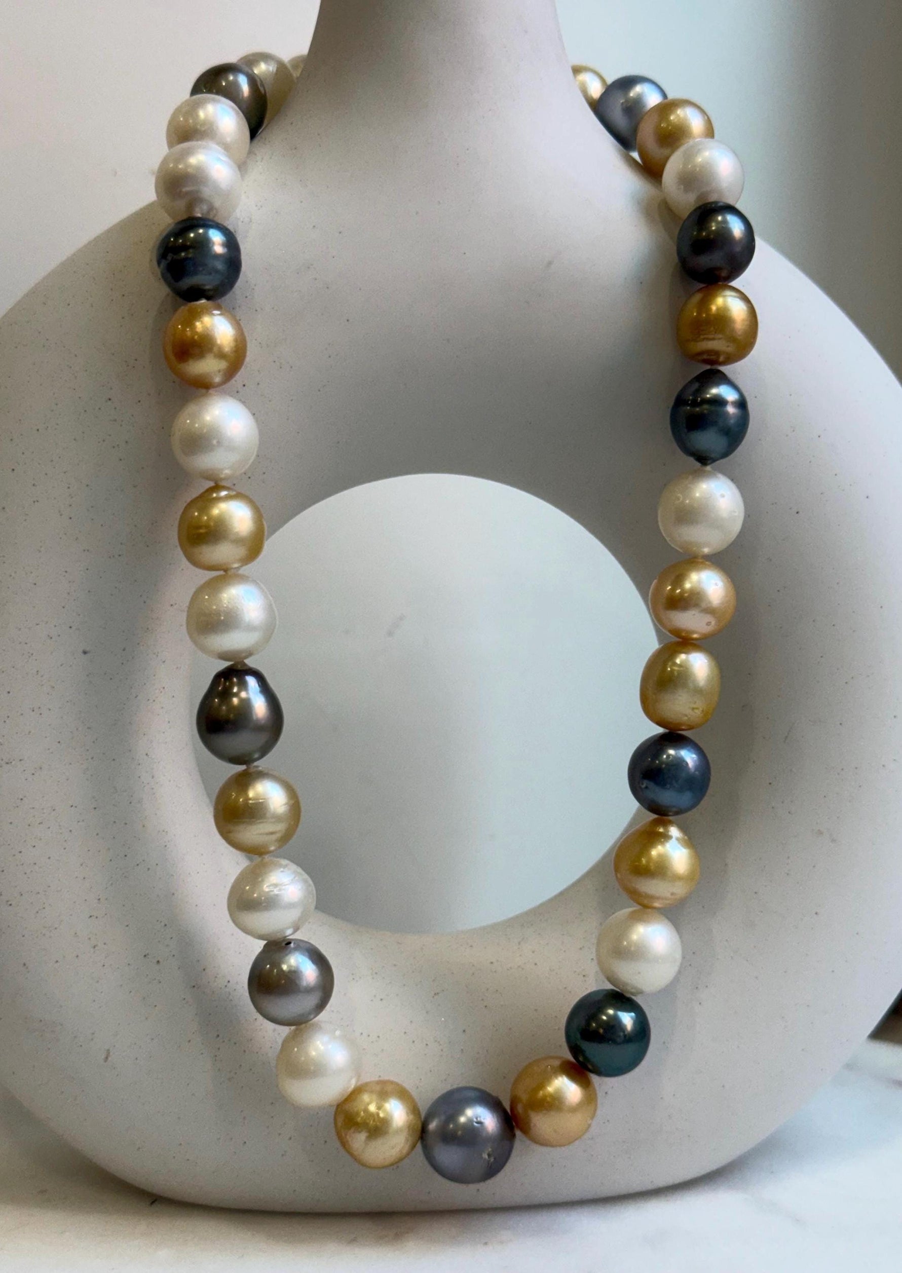 11.6-14.1m 33pcs South sea Golden Australian Tahitian Ocean pearls necklace: Extreme luster, Hand knotted 18.3”, S925 silver necklace strand, high quality multicolor ocean pearls Necklace strand for her