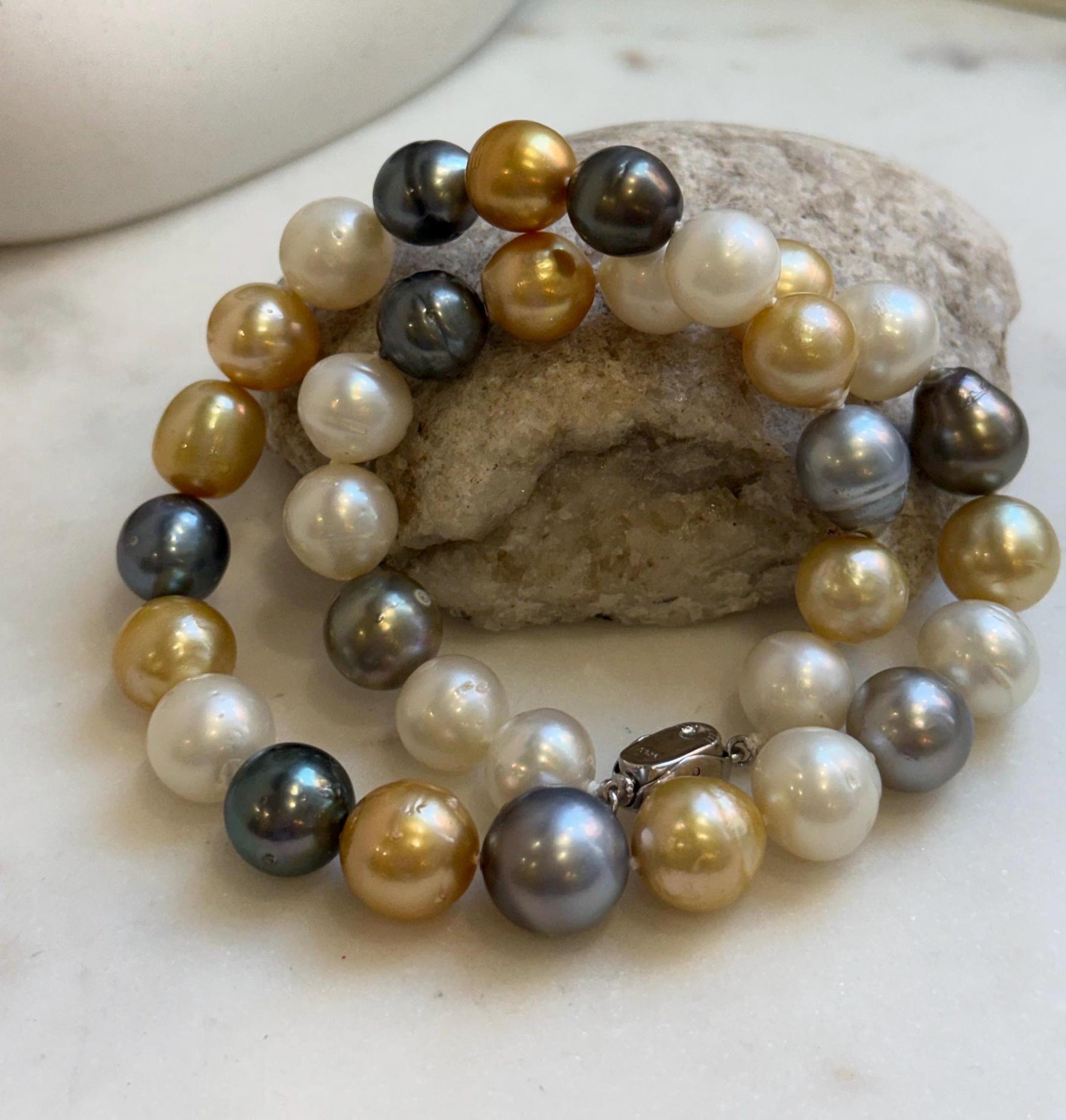 11.6-14.1m 33pcs South sea Golden Australian Tahitian Ocean pearls necklace: Extreme luster, Hand knotted 18.3”, S925 silver necklace strand, high quality multicolor ocean pearls Necklace strand for her