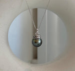 Elly’s 12.4mm Genius Tahitian platinum hunter Ocean Pearl Pendant: Extreme luster mirrored, 2.3cm high, S925 silver pendant.