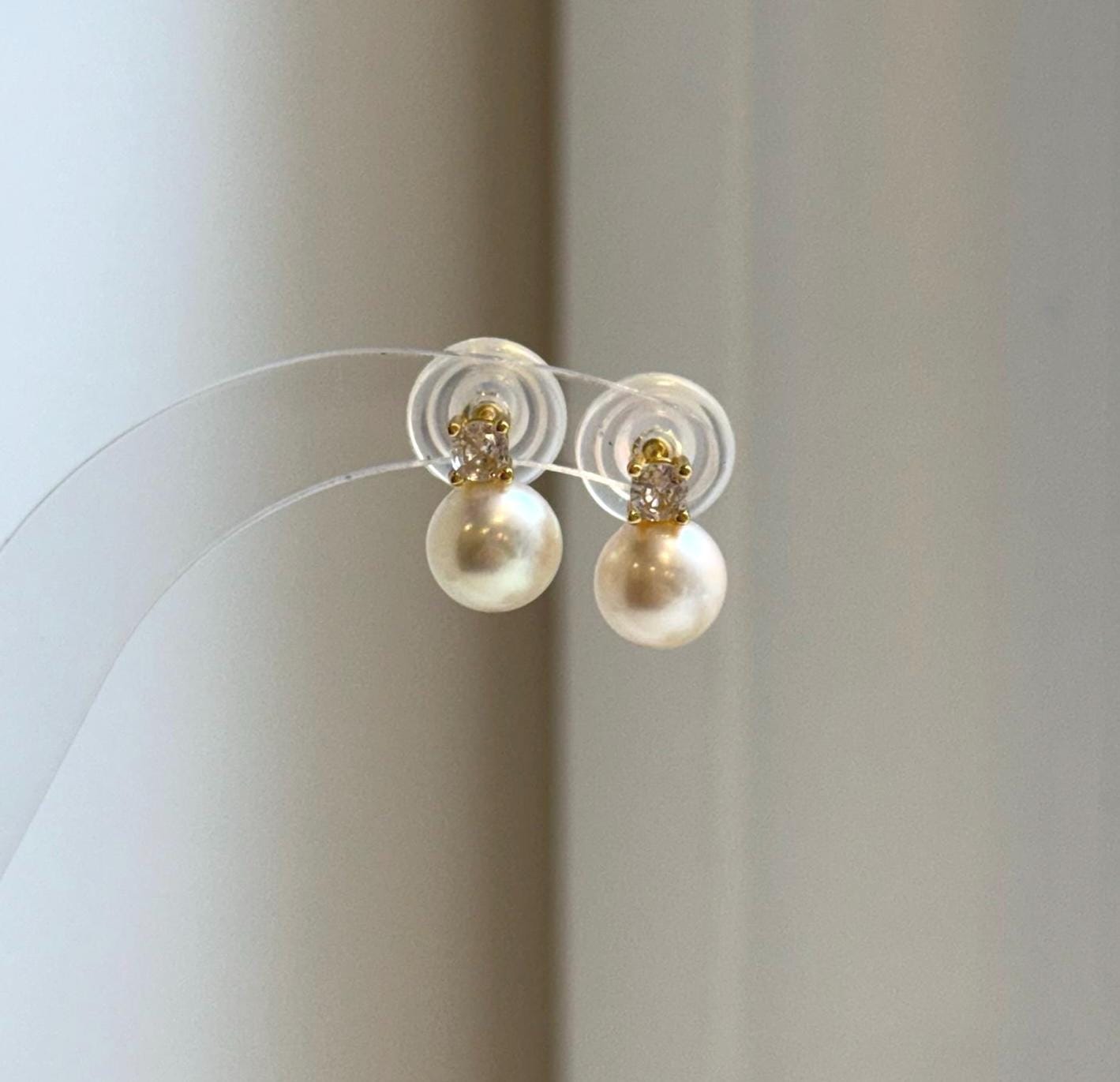 Elly’s 8mm Akoya ivory ocean Pearls Earrings Studs: Extreme luster Mirrored, S925 silver minimalist earring.