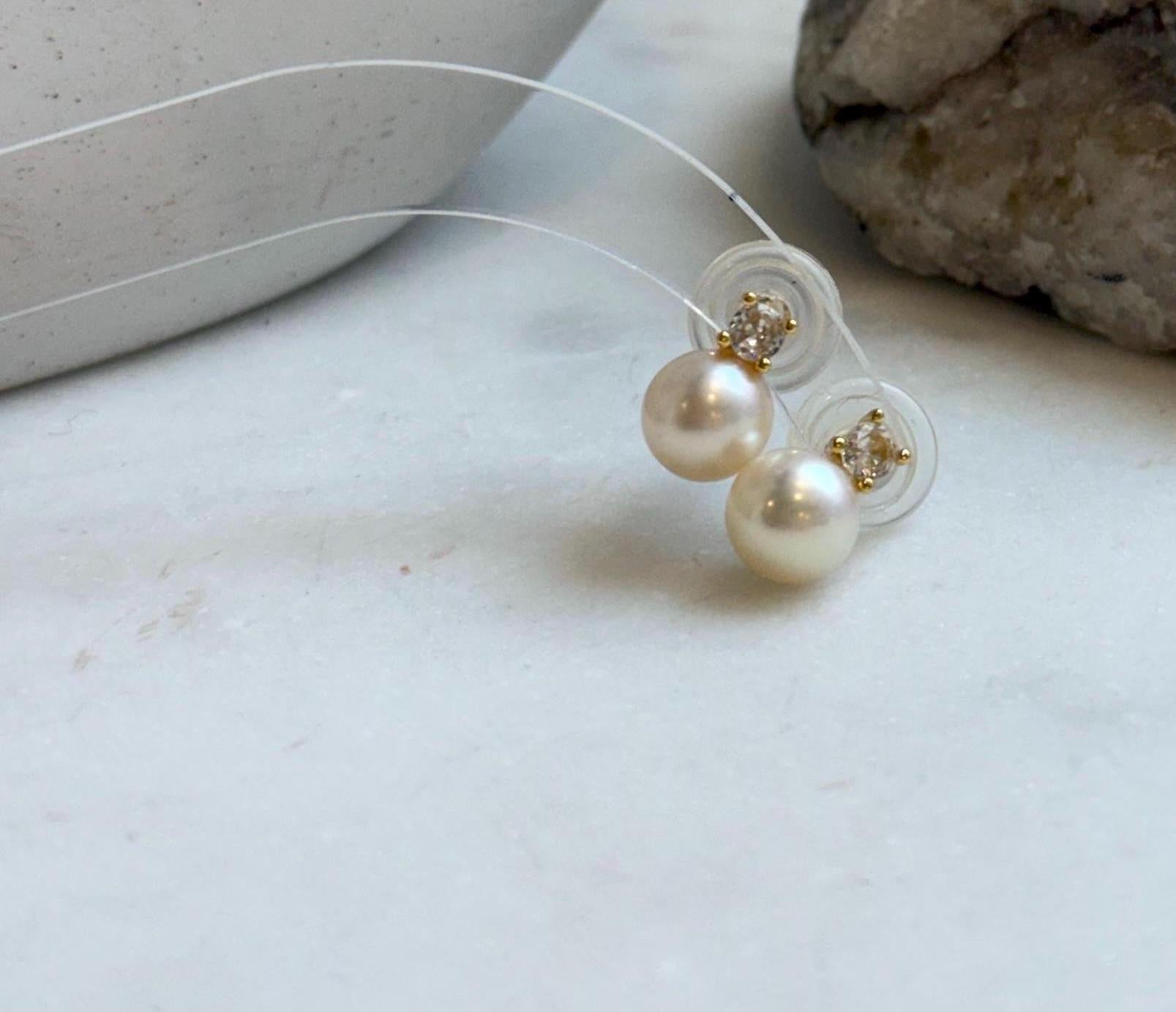 Elly’s 8mm Akoya ivory ocean Pearls Earrings Studs: Extreme luster Mirrored, S925 silver minimalist earring.