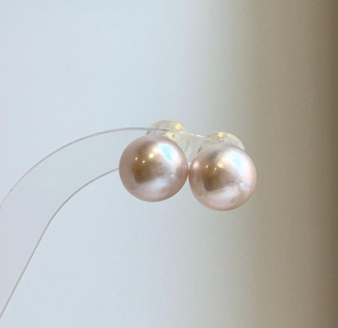 Elly’s 12.7mm Light Rose Edison Pearls Earrings Studs: Extreme luster Mirrored, S925 silver minimalist earrings.