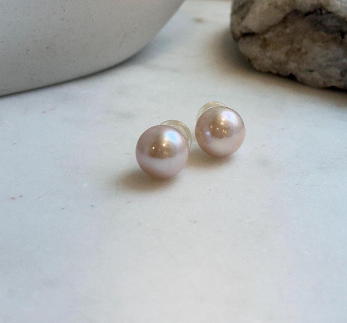 Elly’s 12.7mm Light Rose Edison Pearls Earrings Studs: Extreme luster Mirrored, S925 silver minimalist earrings.