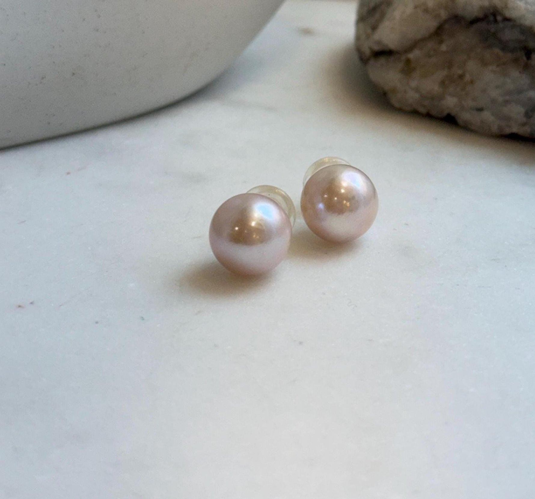 Elly’s 12.7mm Light Rose Edison Pearls Earrings Studs: Extreme luster Mirrored, S925 silver minimalist earrings.