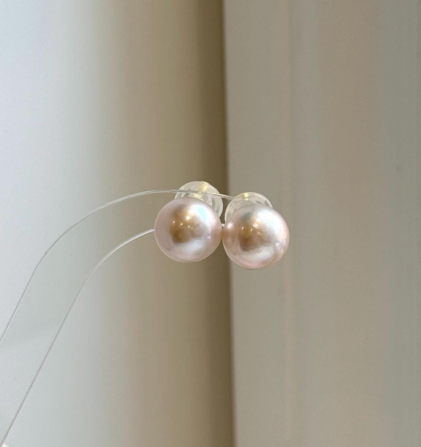 Elly’s 12.7mm Light Rose Edison Pearls Earrings Studs: Extreme luster Mirrored, S925 silver minimalist earrings.