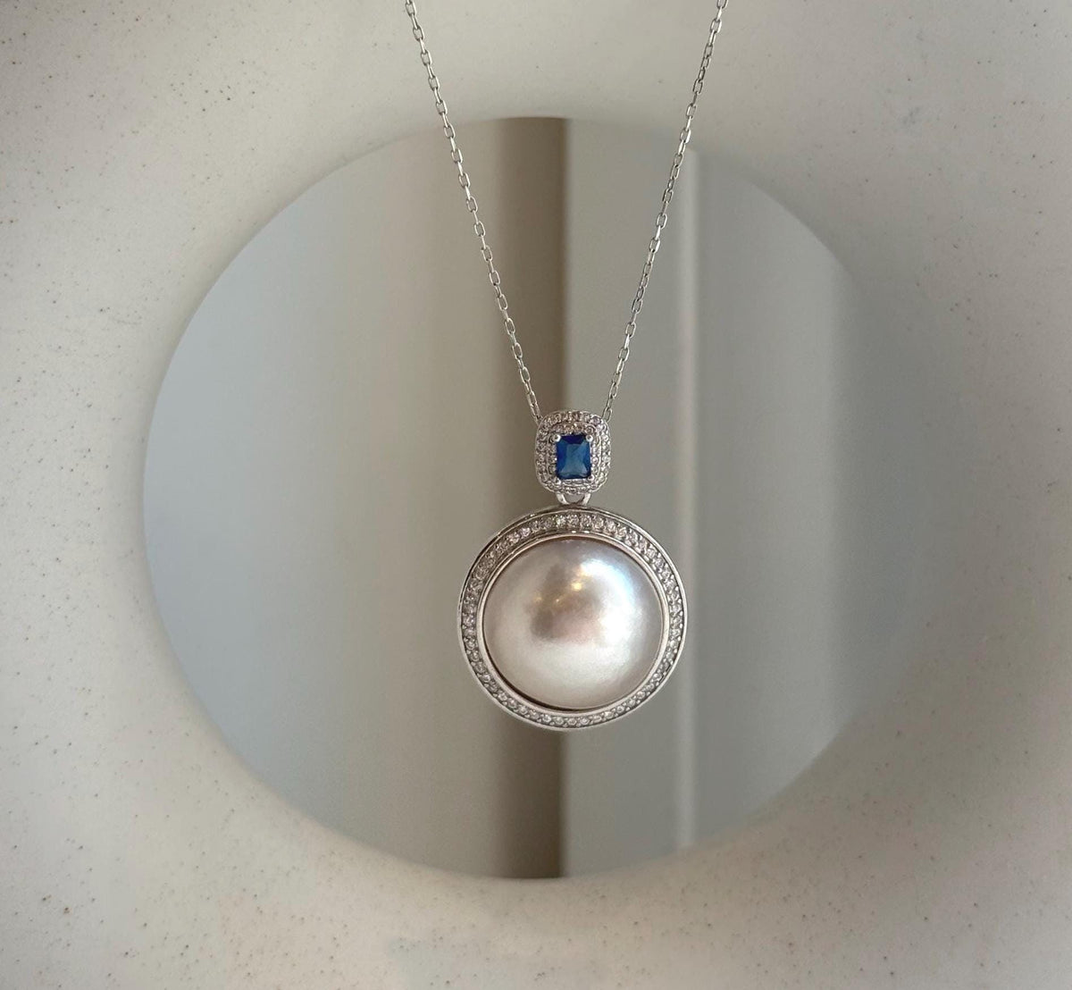 Elly’s 16.4mm white silver Ocean Round Mabe Pearl Pendant: Extreme luster, S925 Silver base pendant Set.