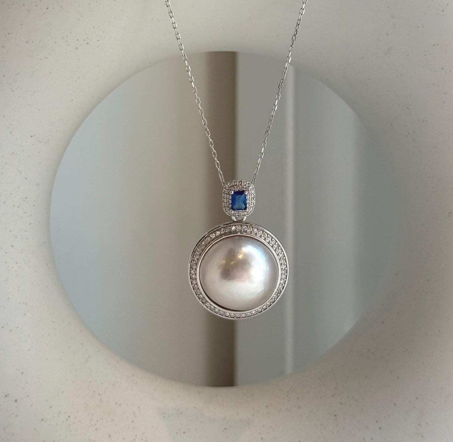 Elly’s 16.4mm white silver Ocean Round Mabe Pearl Pendant: Extreme luster, S925 Silver base pendant Set.