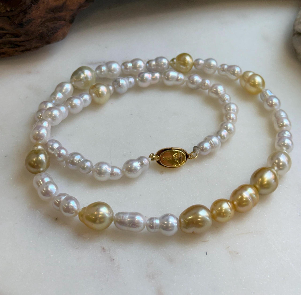 Elly’s South sea Golden ocean white Freshwater pearls necklace:Extreme luster mirrored, 19.7”, S925 silver necklace strand. high quality golden ocean pearls necklace strand for her birthday