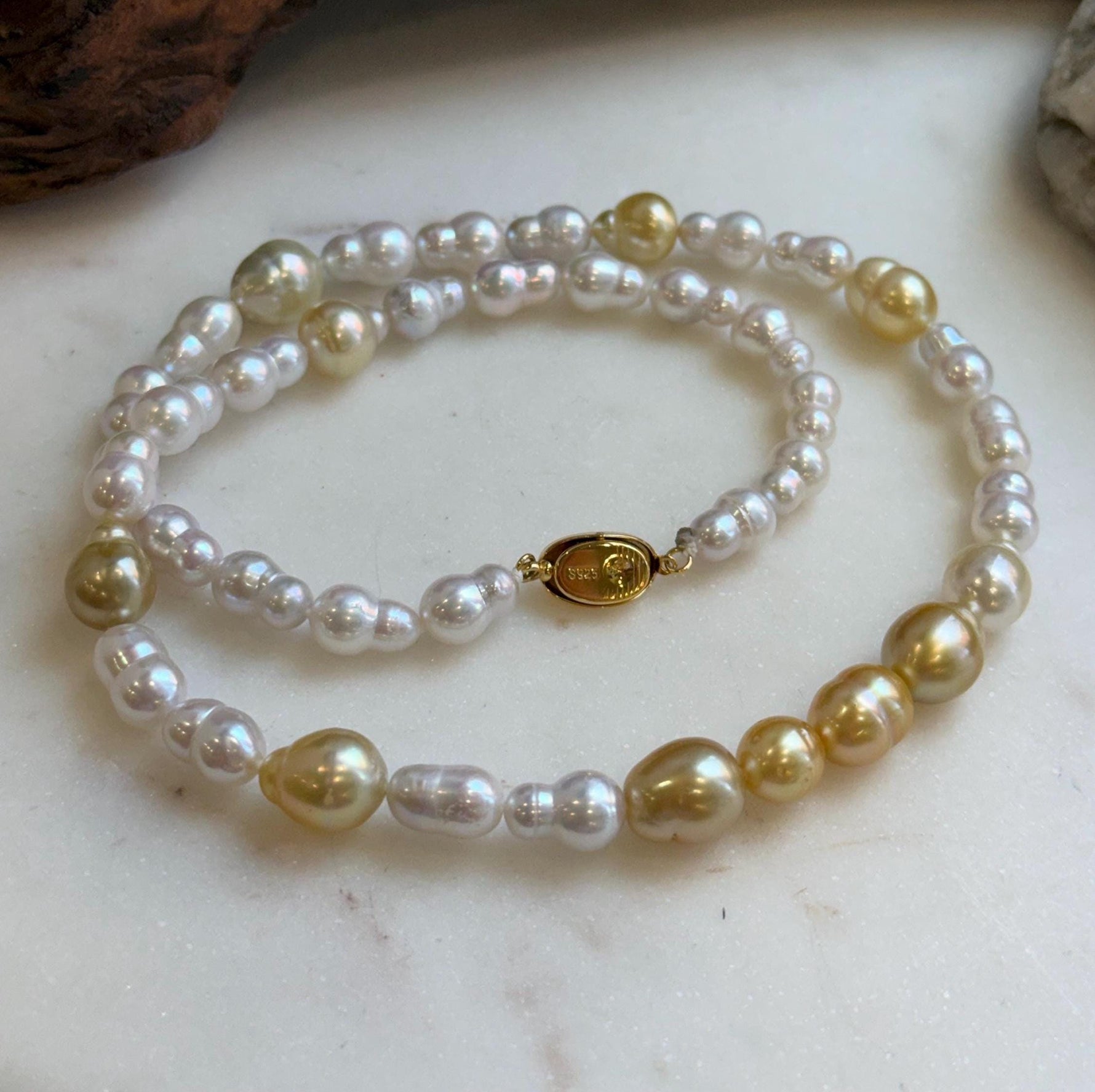 Elly’s South sea Golden ocean white Freshwater pearls necklace:Extreme luster mirrored, 19.7”, S925 silver necklace strand. high quality golden ocean pearls necklace strand for her