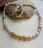 Elly’s South sea Golden ocean white Freshwater pearls necklace:Extreme luster mirrored, 19.7”, S925 silver necklace strand. high quality golden ocean pearls necklace strand for her