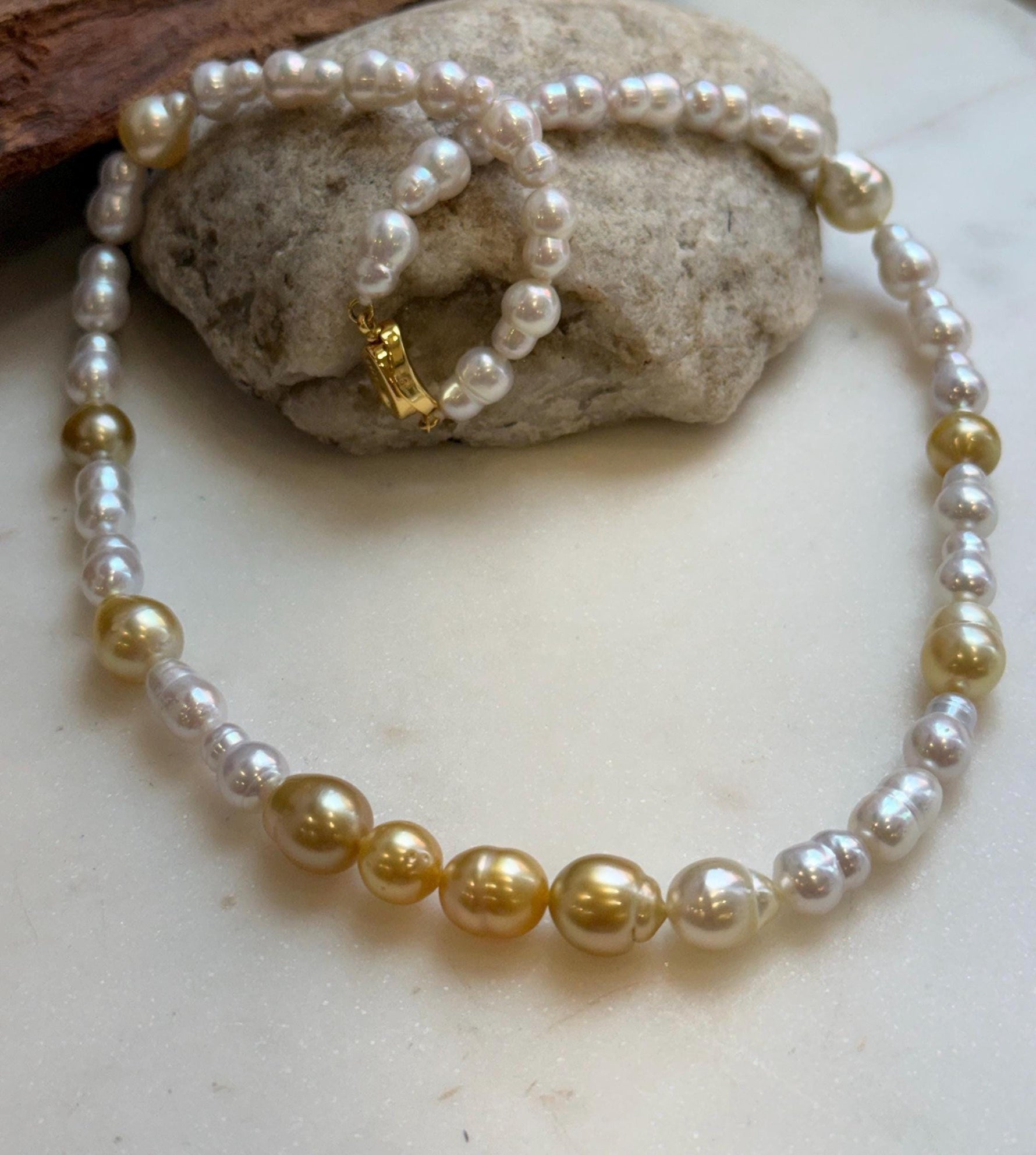 Elly’s South sea Golden ocean white Freshwater pearls necklace:Extreme luster mirrored, 19.7”, S925 silver necklace strand. high quality golden ocean pearls necklace strand for her