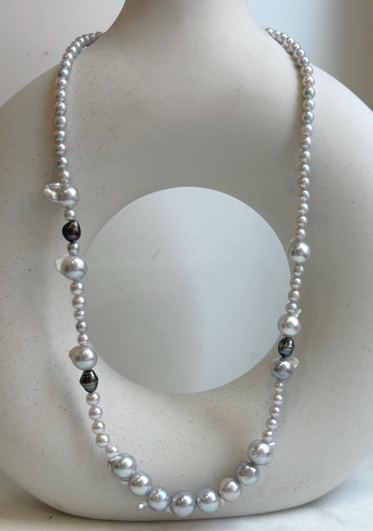 Elly’s Akoya tail baroque ocean white Freshwater pearls necklace:Extreme luster mirrored, 18.2”, S925 silver necklace strand.