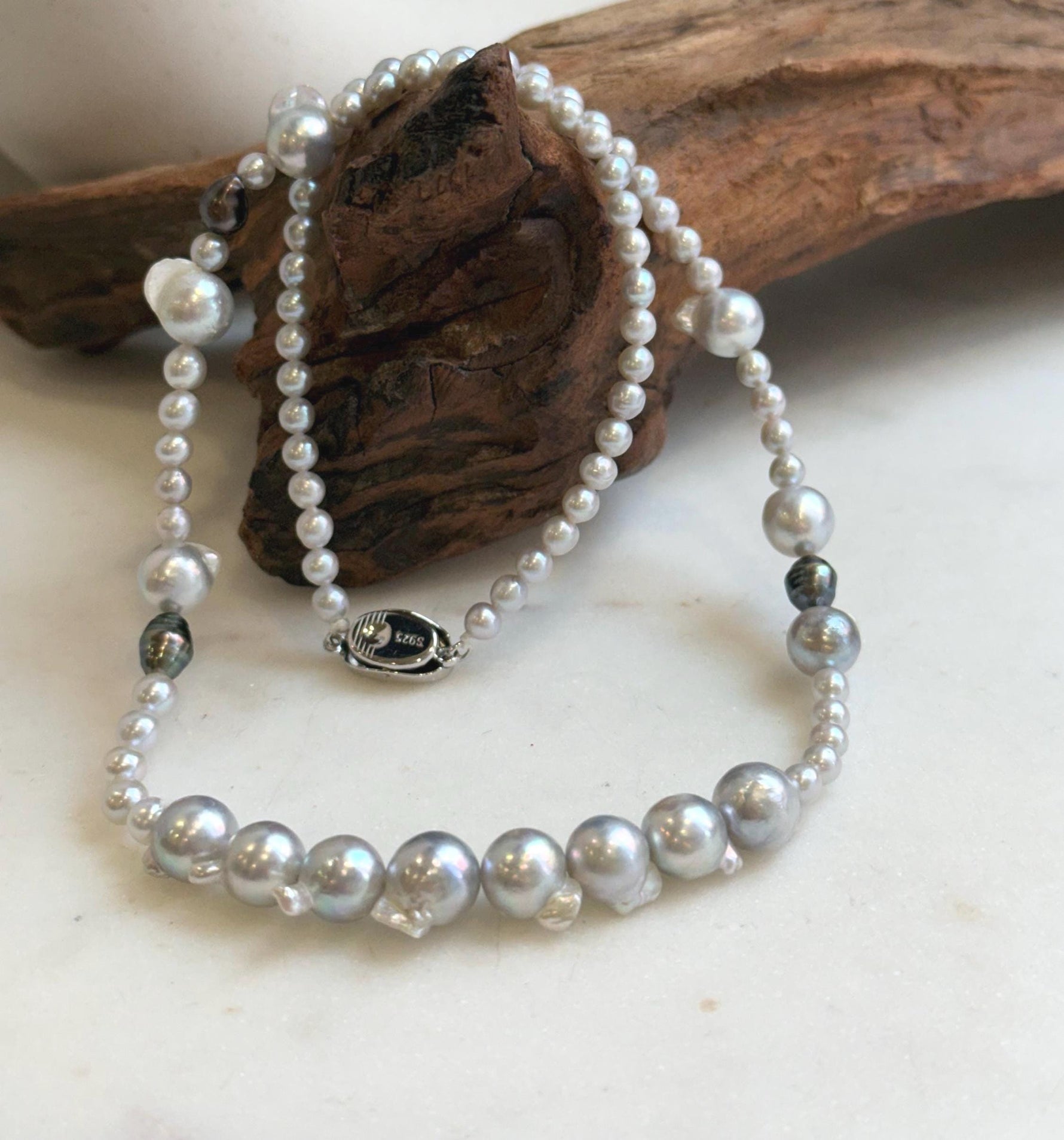 Elly’s Akoya tail baroque ocean white Freshwater pearls necklace:Extreme luster mirrored, 18.2”, S925 silver necklace strand.