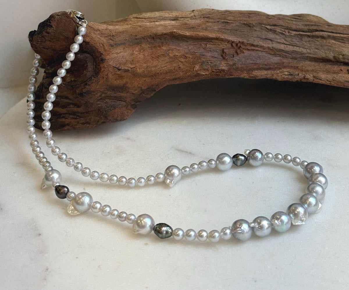 Elly’s Akoya tail baroque ocean white Freshwater pearls necklace:Extreme luster mirrored, 18.2”, S925 silver necklace strand.