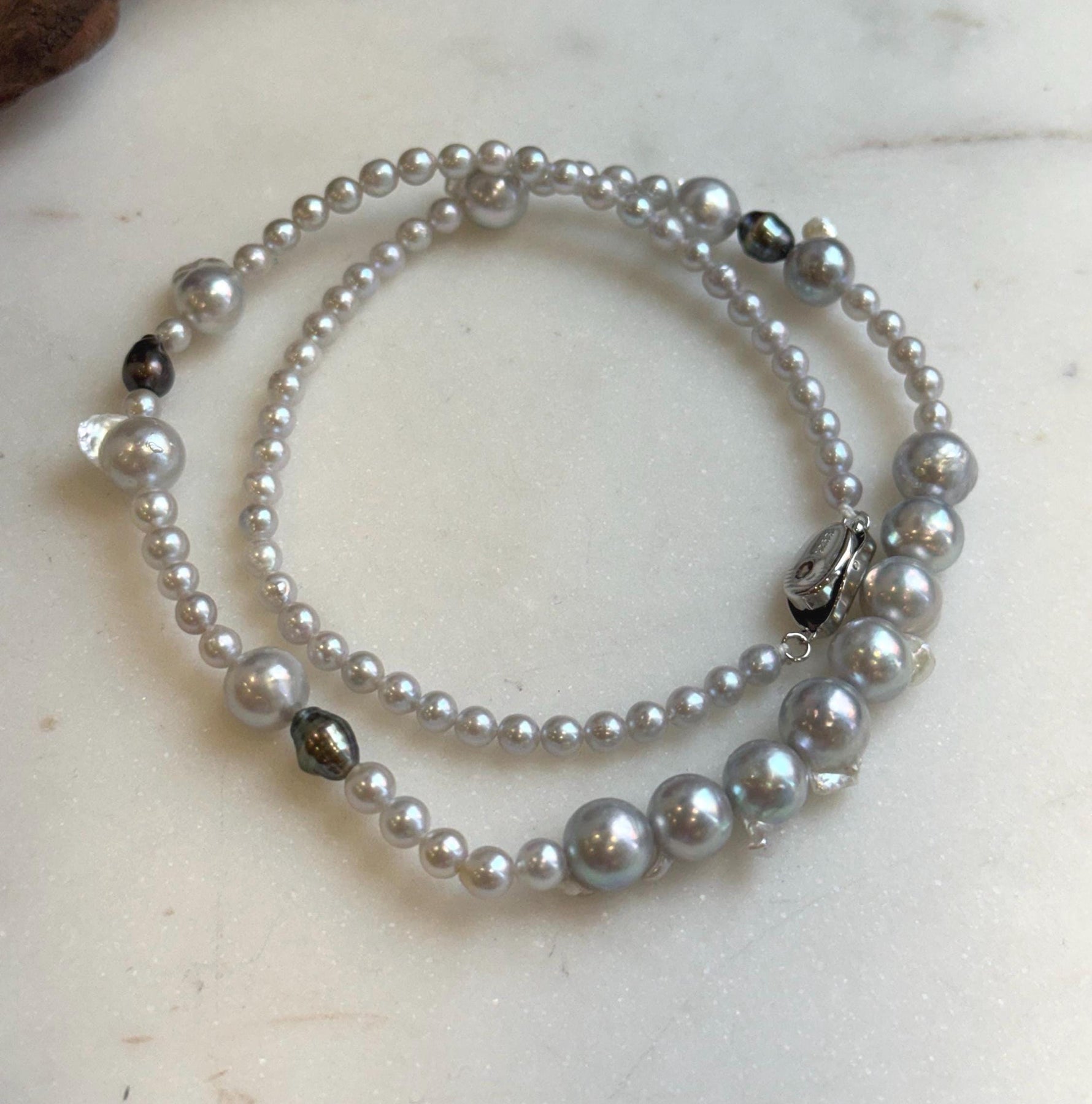 Elly’s Akoya tail baroque ocean white Freshwater pearls necklace:Extreme luster mirrored, 18.2”, S925 silver necklace strand.