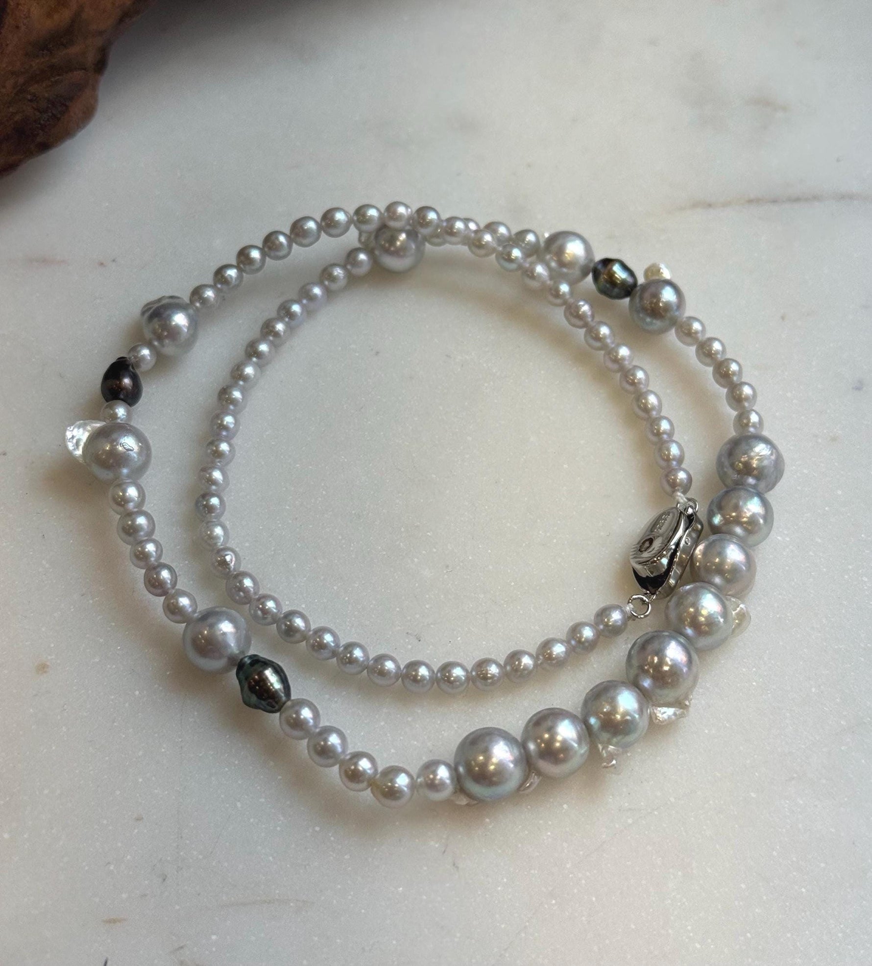 Elly’s Akoya tail baroque ocean white Freshwater pearls necklace:Extreme luster mirrored, 18.2”, S925 silver necklace strand.