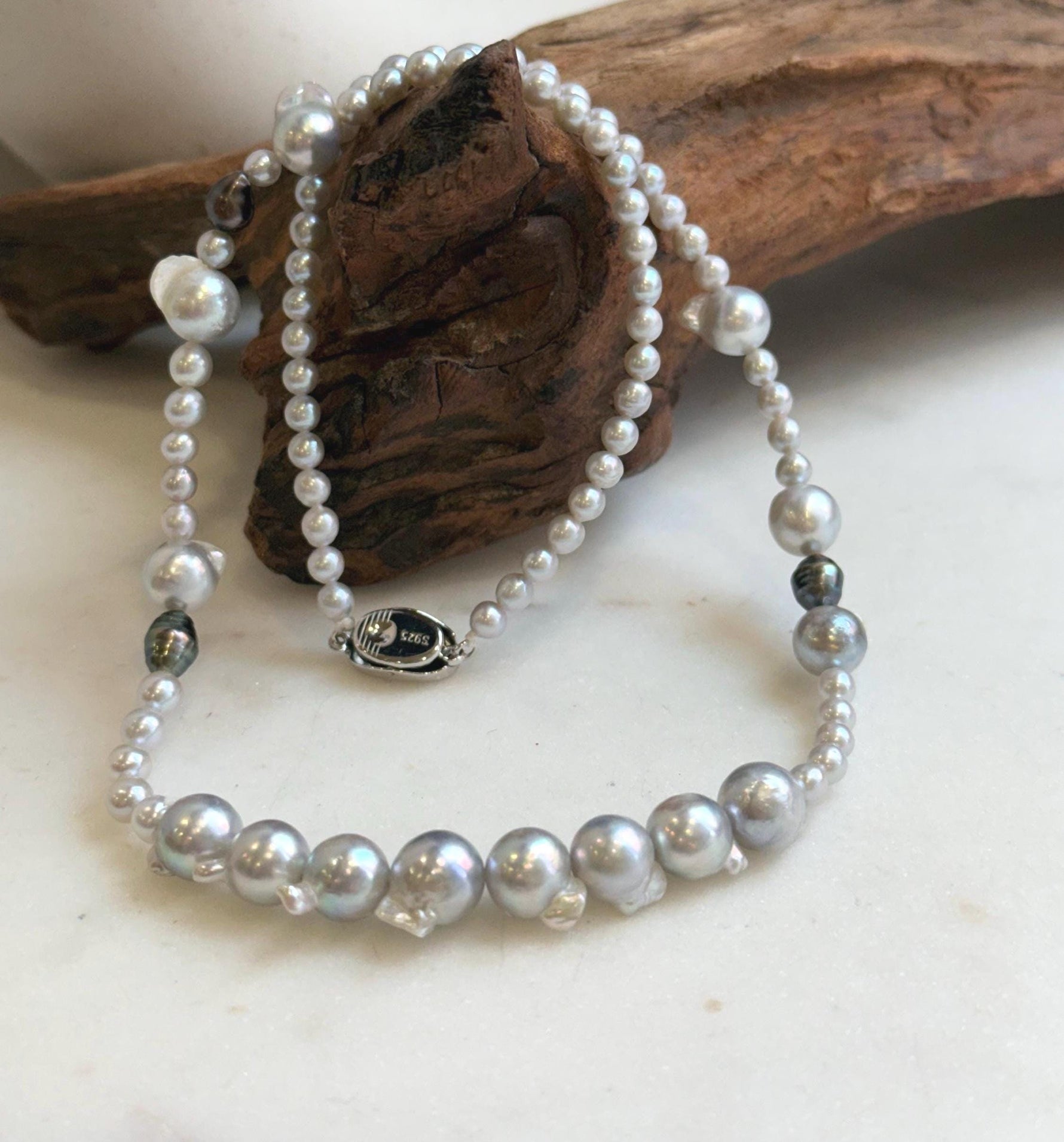 Elly’s Akoya tail baroque ocean white Freshwater pearls necklace:Extreme luster mirrored, 18.2”, S925 silver necklace strand.