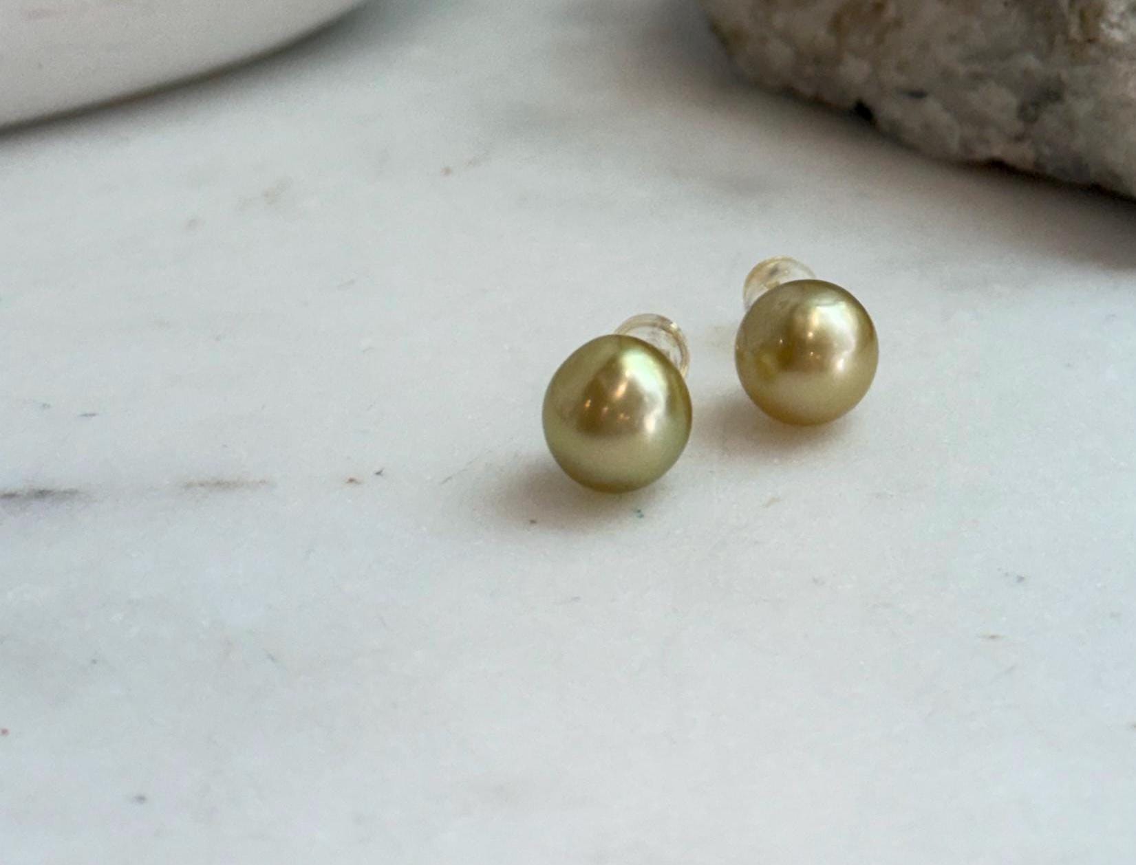 Elly’s 9.4mm Genius natural South sea Deep Tea Gold ocean Pearls Earrings studs: Extreme luster, S925 silver minimalist earrings studs.