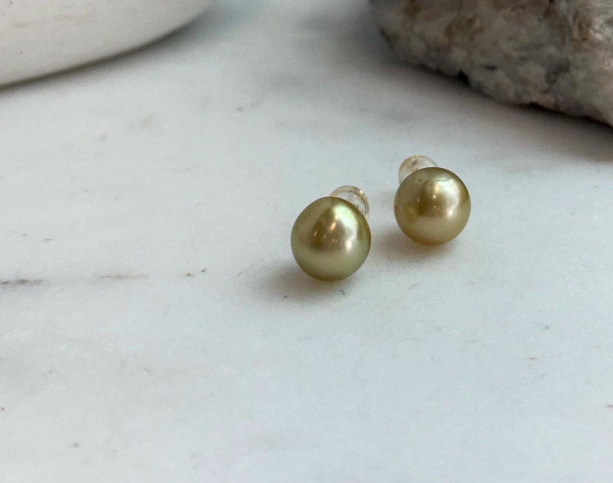 Elly’s 9.4mm Genius natural South sea Deep Tea Gold ocean Pearls Earrings studs: Extreme luster, S925 silver minimalist earrings studs.