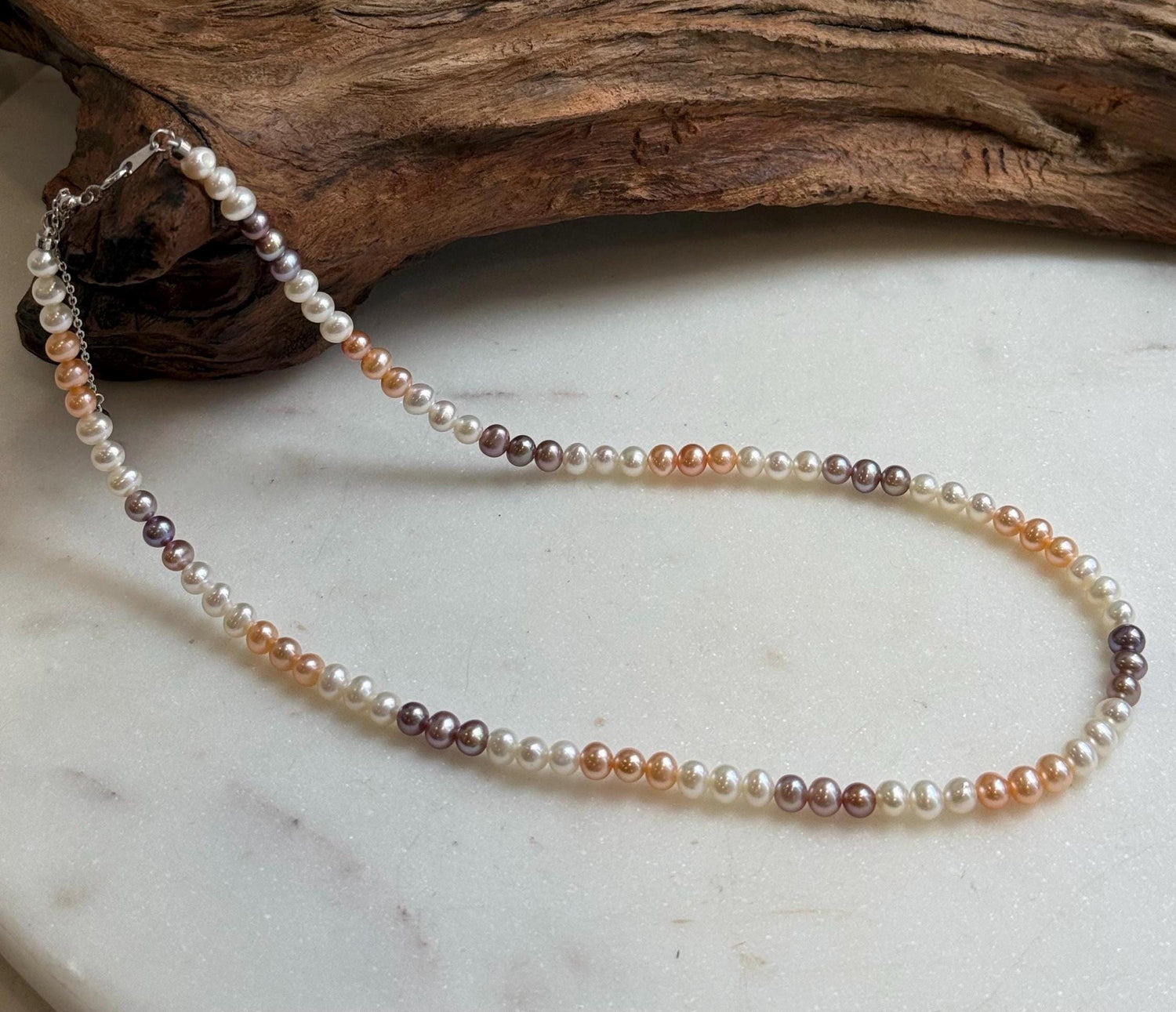 Elly’s 4.8-5.5mm Freshwater multicolor Pearls Necklace: Extreme luster mirrored, To 17.9”, S925 silver necklace strand.
