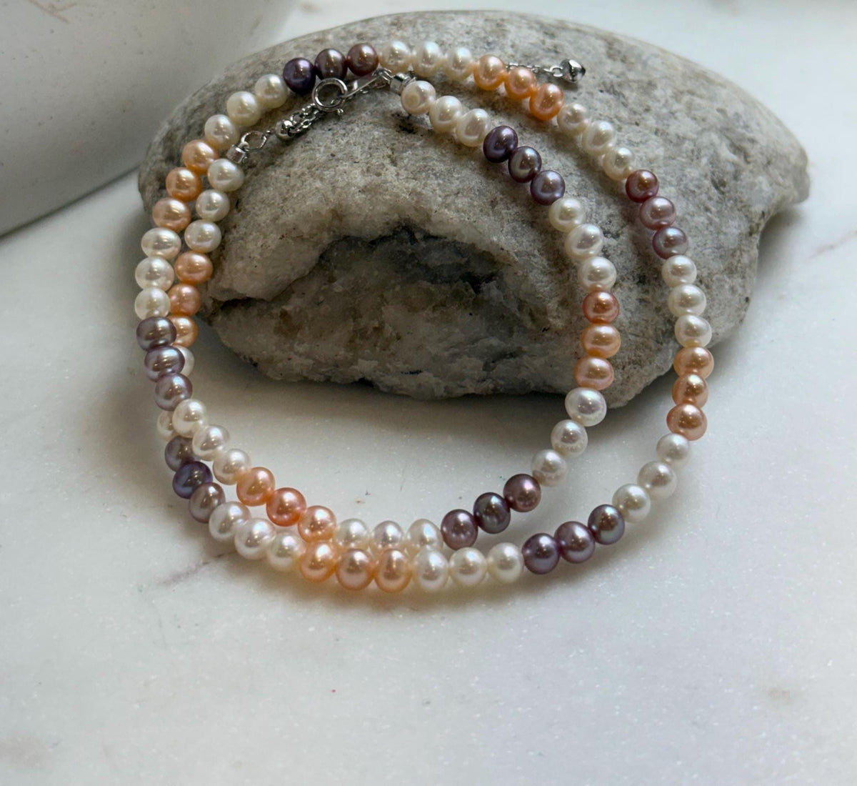 Elly’s 4.8-5.5mm Freshwater multicolor Pearls Necklace: Extreme luster mirrored, To 17.9”, S925 silver necklace strand.