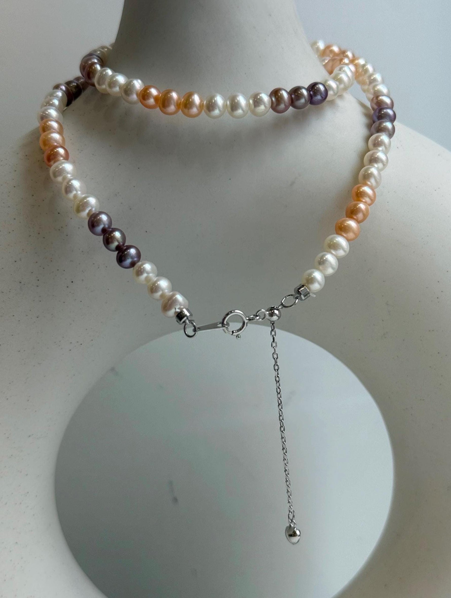 Elly’s 4.8-5.5mm Freshwater multicolor Pearls Necklace: Extreme luster mirrored, To 17.9”, S925 silver necklace strand.
