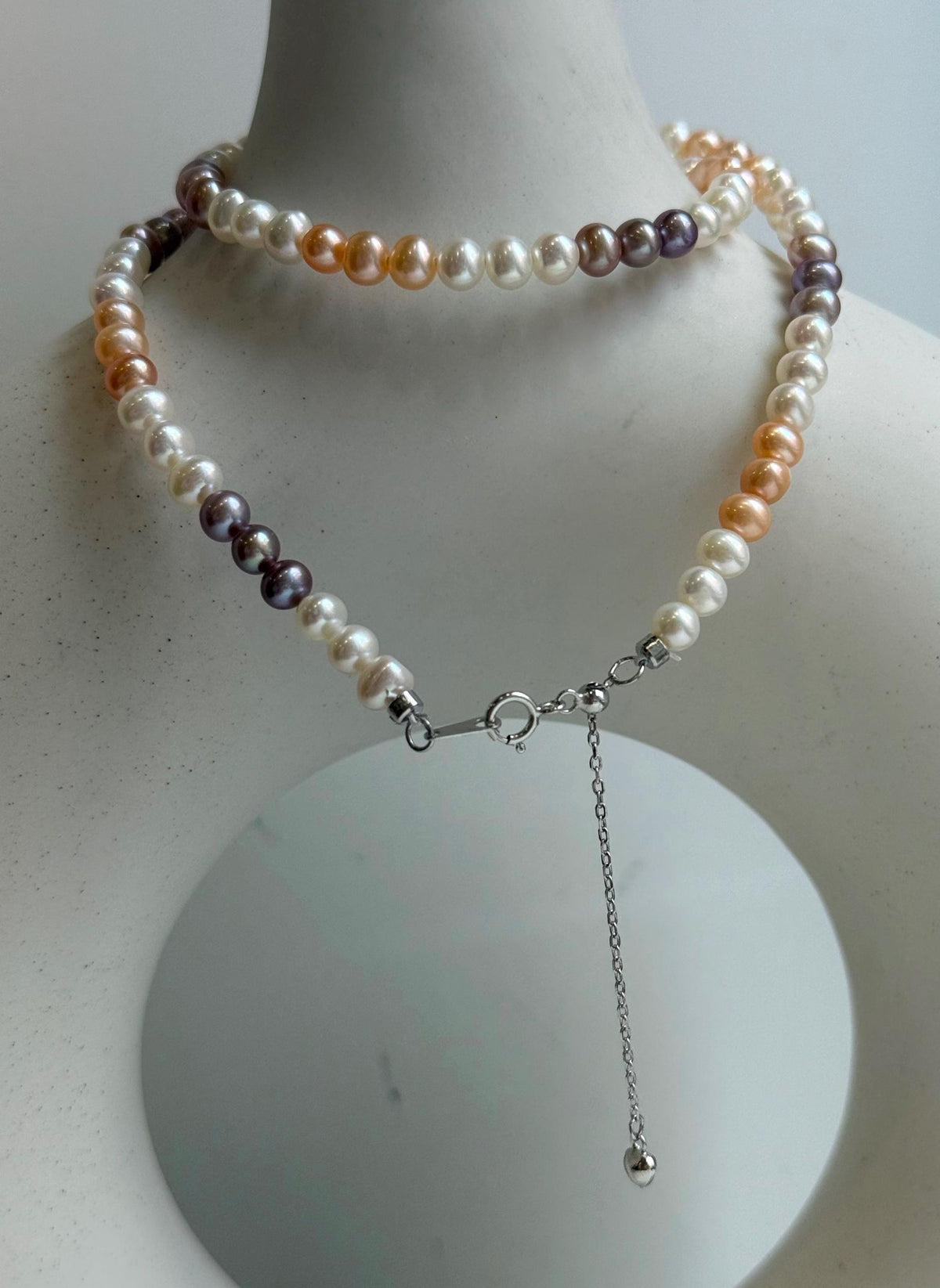 Elly’s 4.8-5.5mm Freshwater multicolor Pearls Necklace: Extreme luster mirrored, To 17.9”, S925 silver necklace strand.