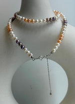 Elly’s 4.8-5.5mm Freshwater multicolor Pearls Necklace: Extreme luster mirrored, To 17.9”, S925 silver necklace strand.