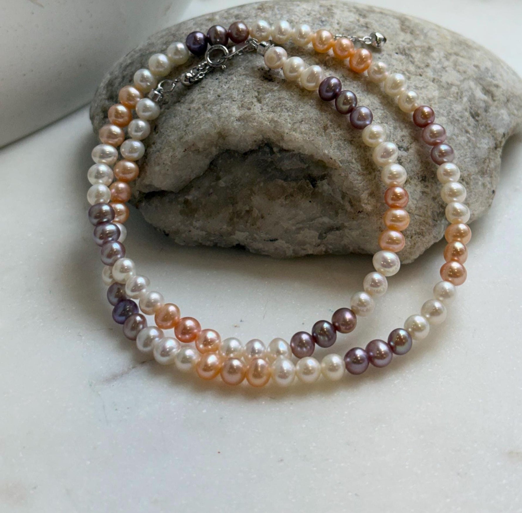 Elly’s 4.8-5.5mm Freshwater multicolor Pearls Necklace: Extreme luster mirrored, To 17.9”, S925 silver necklace strand.