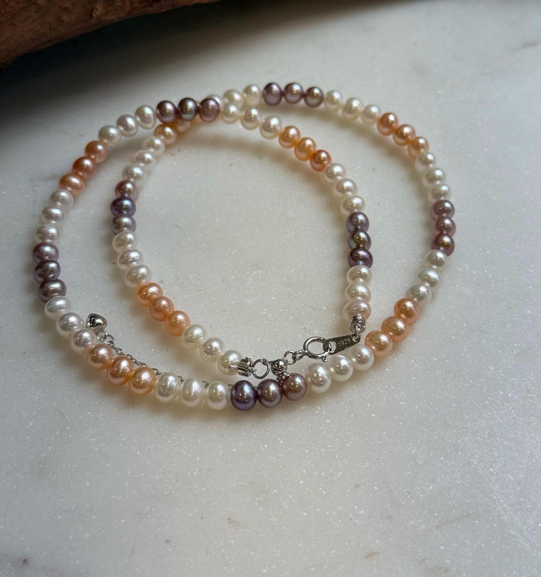Elly’s 4.8-5.5mm Freshwater multicolor Pearls Necklace: Extreme luster mirrored, To 17.9”, S925 silver necklace strand.