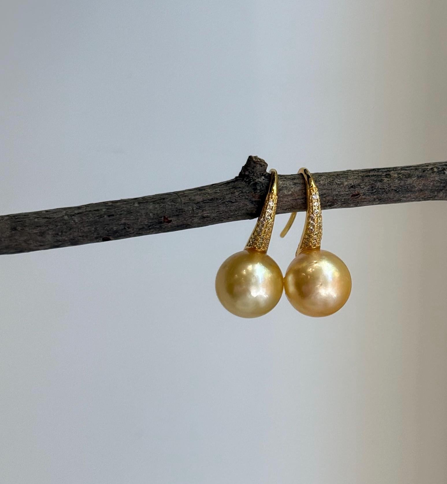 Elly’s 11.5mm Genius South sea golden ocean Pearls High-heel Earrings hooks: Extreme luster, 2.5cm high, S925 silver cool earrings.